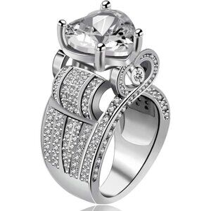 🆕 Women Silver Cubic Zirconia Ring Platinum Big Love Heart Statement Engagement